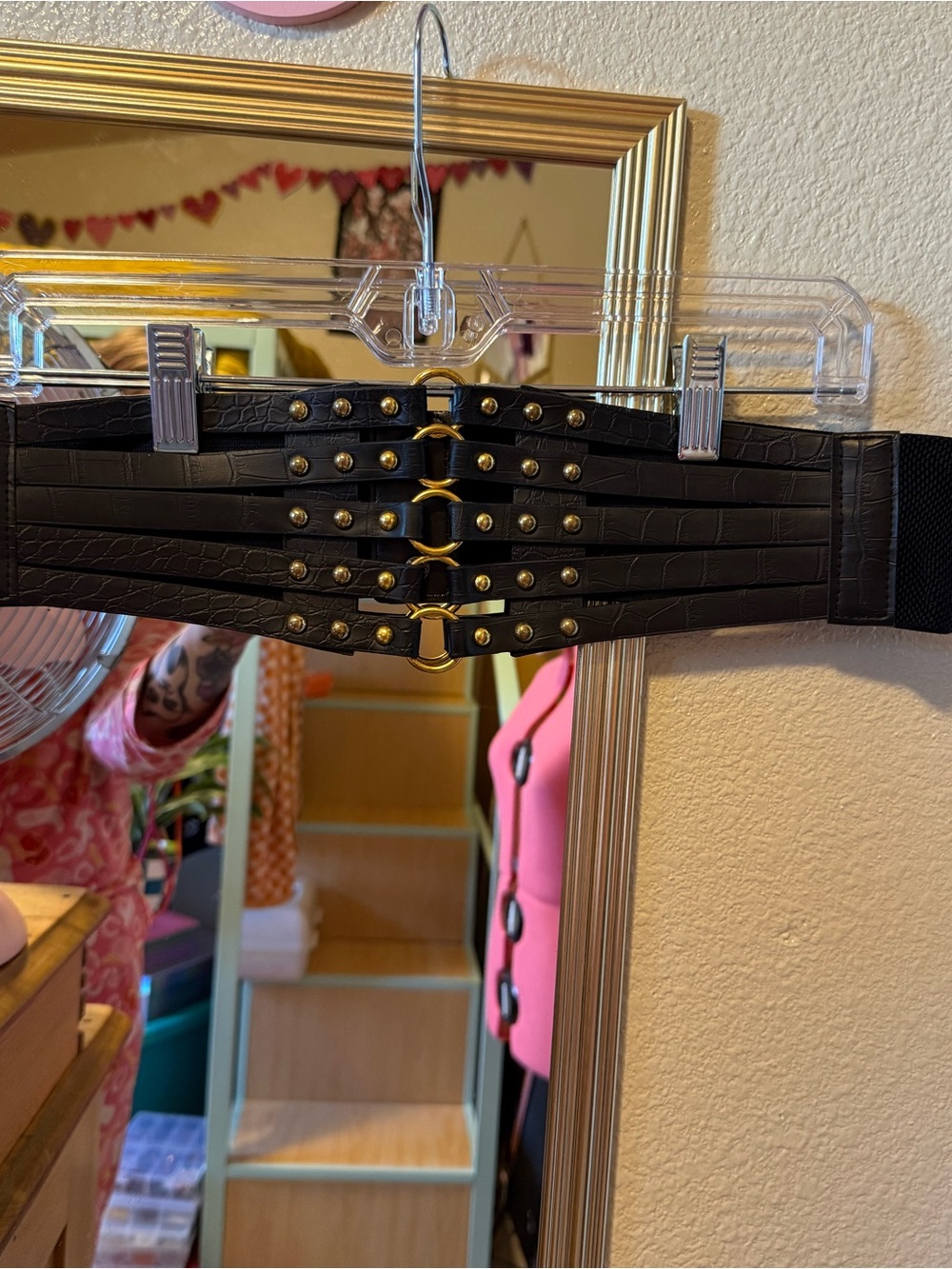 Black Faux Croc Wide Waist Belt with Gold Hardware